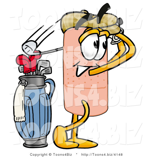 Illustration of an Adhesive Bandage Mascot Swinging His Golf Club While Golfing