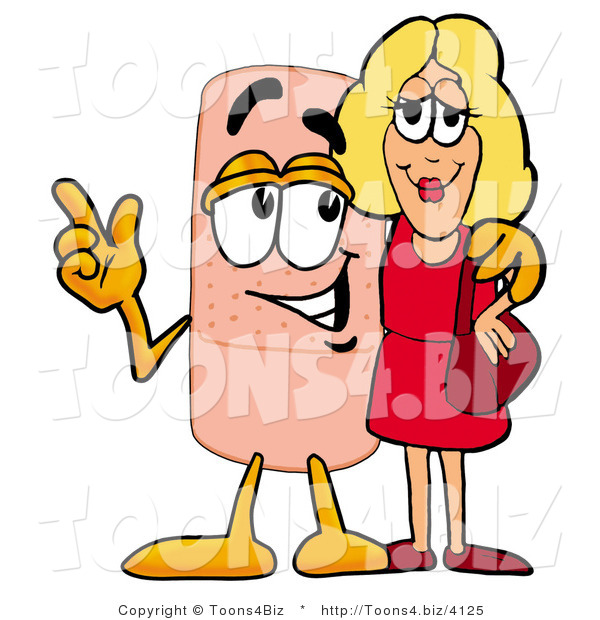 Illustration of an Adhesive Bandage Mascot Talking to a Pretty Blond Woman