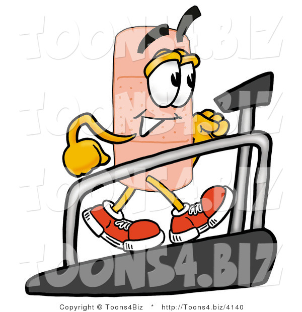 Illustration of an Adhesive Bandage Mascot Walking on a Treadmill in a Fitness Gym
