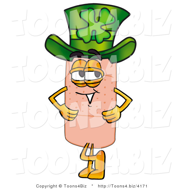 Illustration of an Adhesive Bandage Mascot Wearing a Saint Patricks Day Hat with a Clover on It