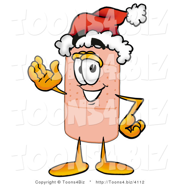 Illustration of an Adhesive Bandage Mascot Wearing a Santa Hat and Waving