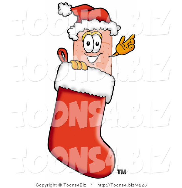 Illustration of an Adhesive Bandage Mascot Wearing a Santa Hat Inside a Red Christmas Stocking