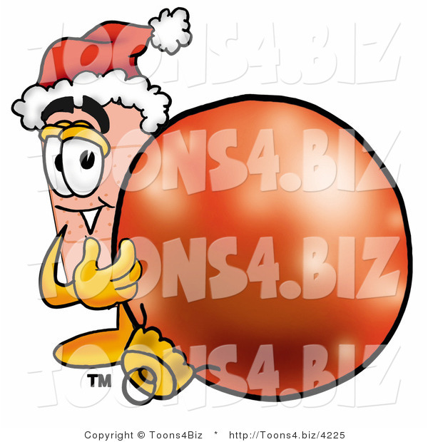 Illustration of an Adhesive Bandage Mascot Wearing a Santa Hat, Standing with a Christmas Bauble