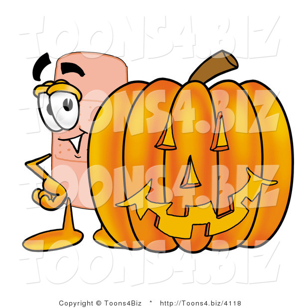 Illustration of an Adhesive Bandage Mascot with a Carved Halloween Pumpkin