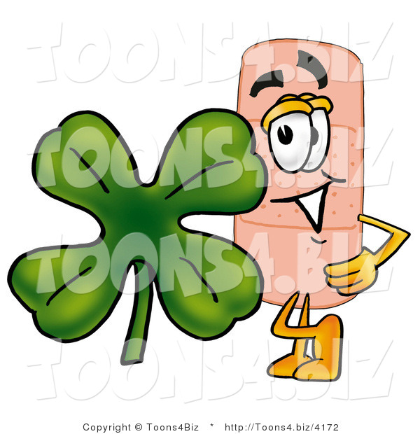 Illustration of an Adhesive Bandage Mascot with a Green Four Leaf Clover on St Paddy's or St Patricks Day