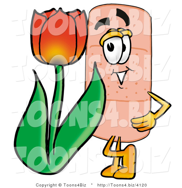 Illustration of an Adhesive Bandage Mascot with a Red Tulip Flower in the Spring