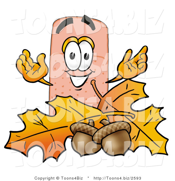 Illustration of an Adhesive Bandage Mascot with Autumn Leaves and Acorns in the Fall