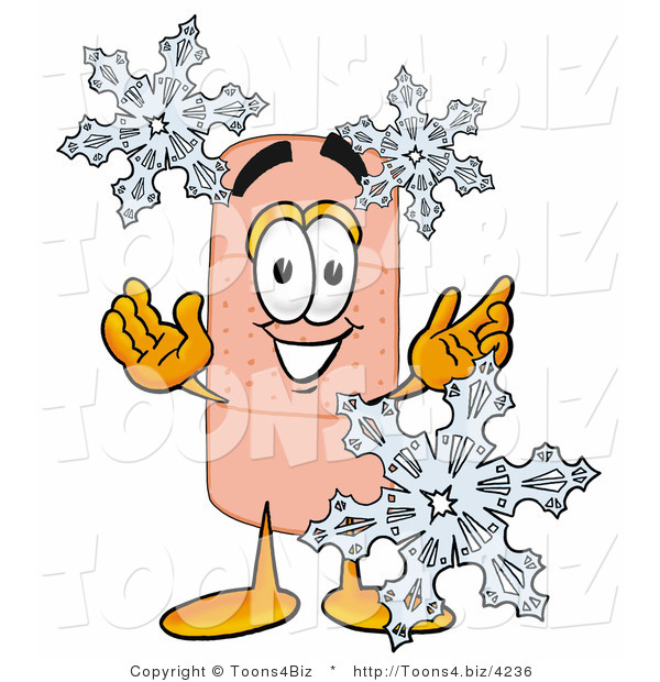 Illustration of an Adhesive Bandage Mascot with Three Snowflakes in Winter