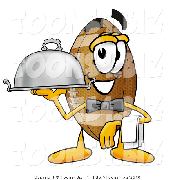 Illustration of an American Football Mascot Dressed As a Waiter and Holding a Serving Platter