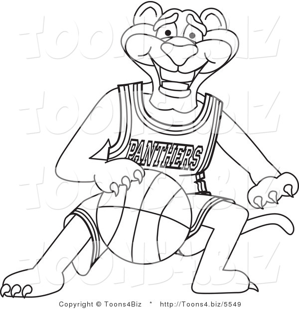 Line Art Vector Illustration of a Cartoon Panther Mascot Dribbling a Basketball