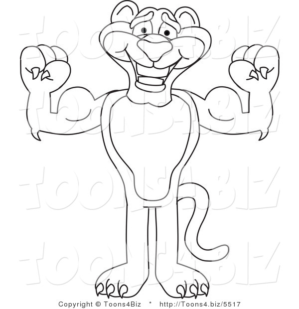 Line Art Vector Illustration of a Cartoon Panther Mascot Flexing