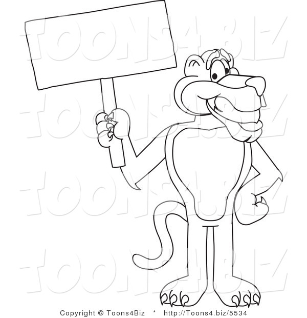 Line Art Vector Illustration of a Cartoon Panther Mascot Holding a Blank Sign