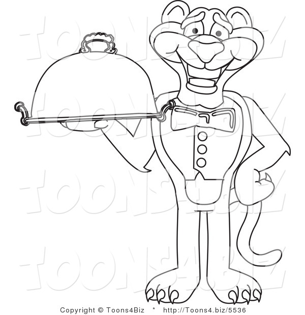 Line Art Vector Illustration of a Cartoon Panther Mascot Holding a Platter