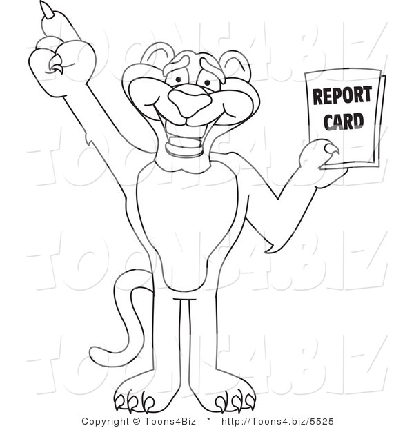 Line Art Vector Illustration of a Cartoon Panther Mascot Holding a Report Card