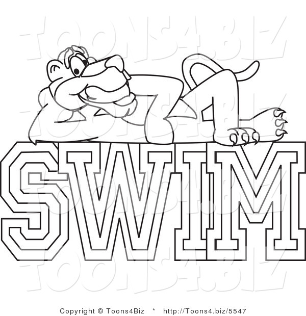 Line Art Vector Illustration of a Cartoon Panther Mascot on Swim Text