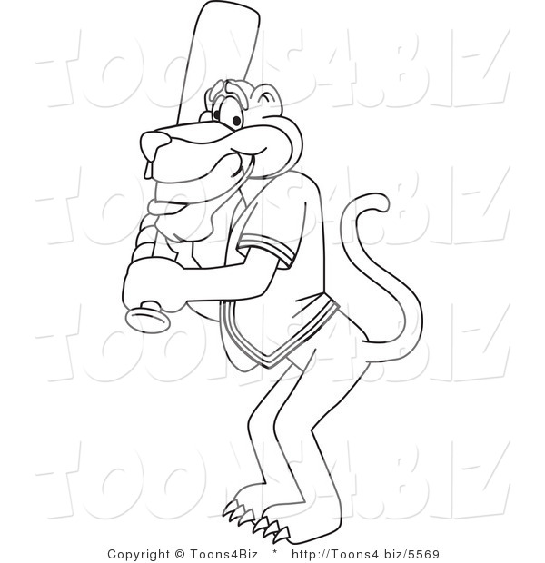 Line Art Vector Illustration of a Cartoon Panther Mascot Playing Baseball