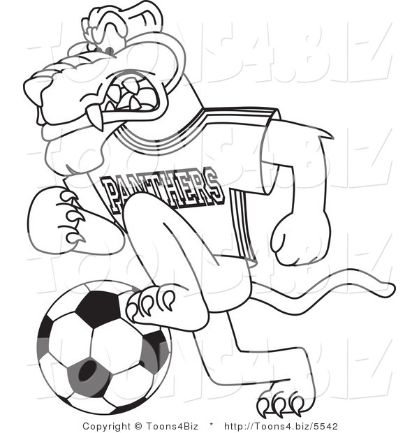 Line Art Vector Illustration of a Cartoon Panther Mascot Playing Soccer