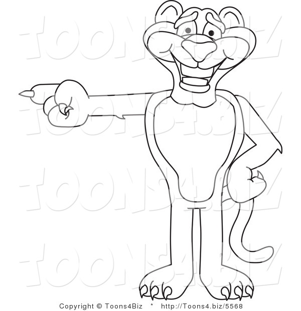 Line Art Vector Illustration of a Cartoon Panther Mascot Pointing Left
