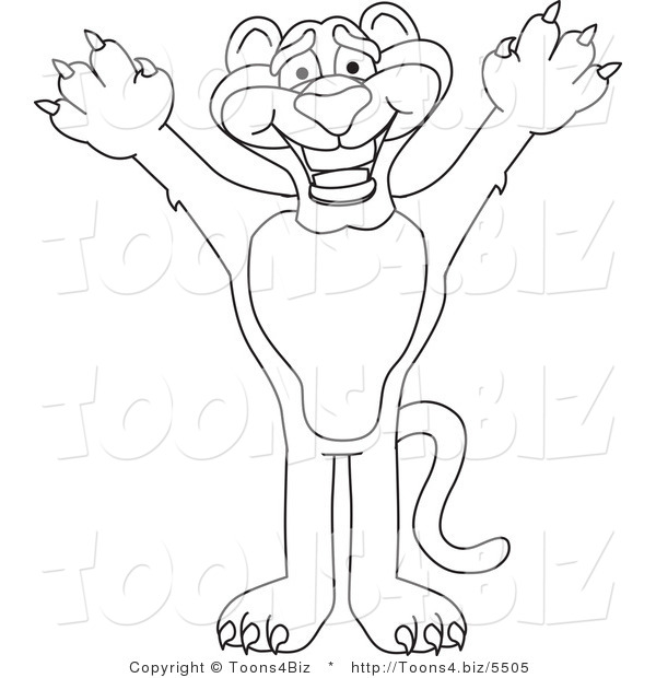Line Art Vector Illustration of a Cartoon Panther Mascot Reaching up