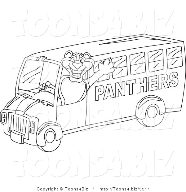Line Art Vector Illustration of a Cartoon Panther Mascot School Bus Driver