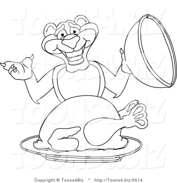 Line Art Vector Illustration of a Cartoon Panther Mascot Serving a Turkey