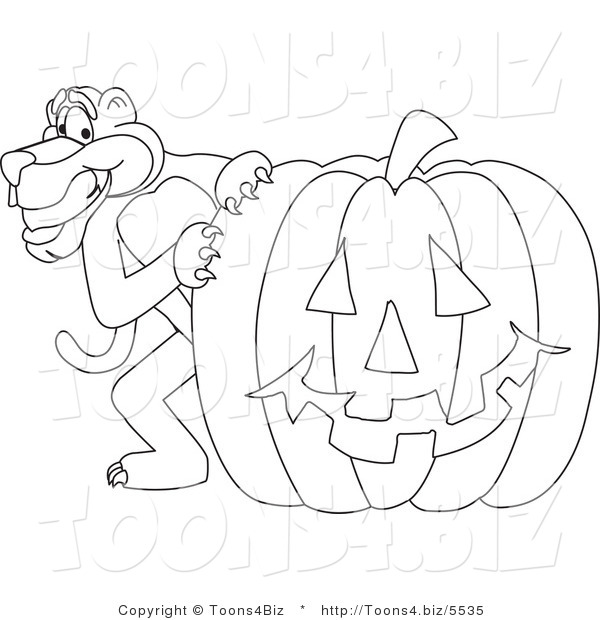Line Art Vector Illustration of a Cartoon Panther Mascot with a Pumpkin