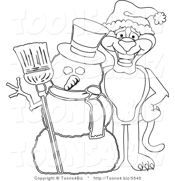Line Art Vector Illustration of a Cartoon Panther Mascot with a Snowman