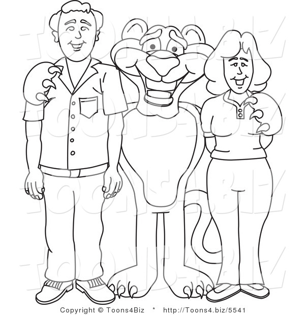 Line Art Vector Illustration of a Cartoon Panther Mascot with Adults