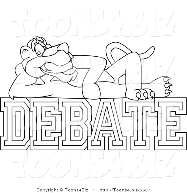 Line Art Vector Illustration of a Cartoon Panther Mascot with Debate Text