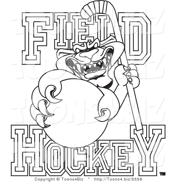 Line Art Vector Illustration of a Cartoon Panther Mascot with Field Hockey Text