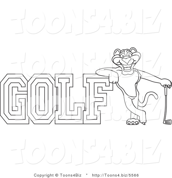 Line Art Vector Illustration of a Cartoon Panther Mascot with Golf Text