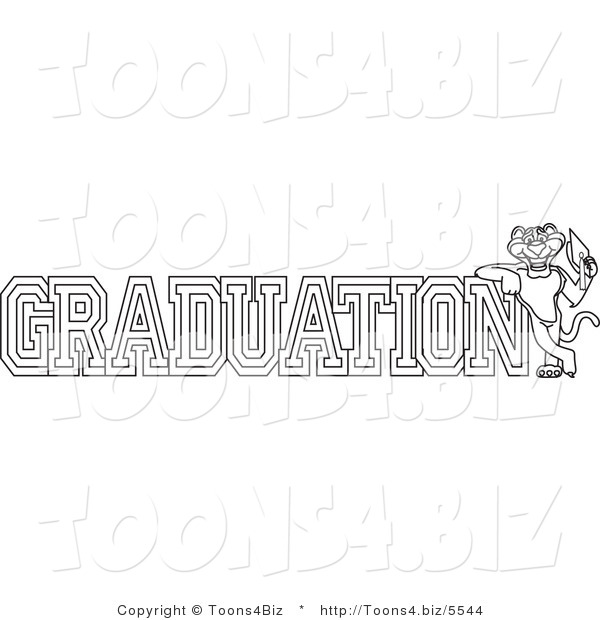 Line Art Vector Illustration of a Cartoon Panther Mascot with Graduation Text