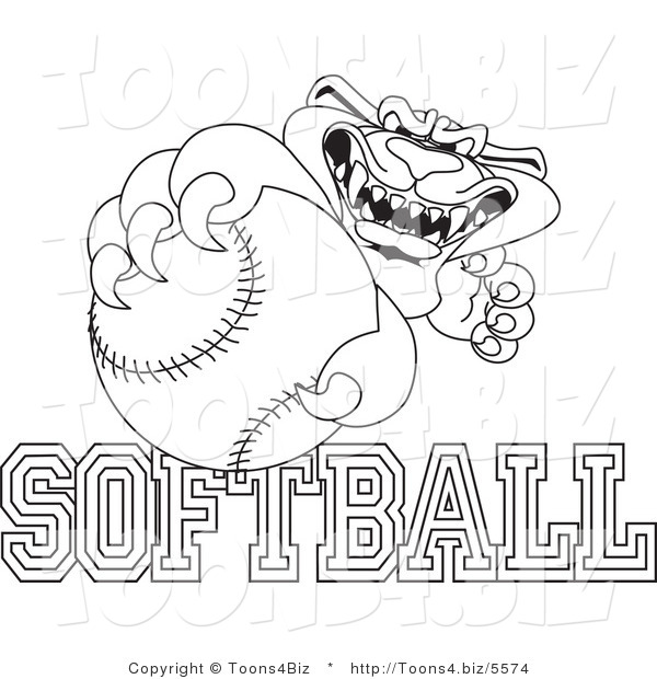 Line Art Vector Illustration of a Cartoon Panther Mascot with Softball Text