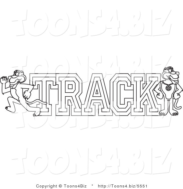 Line Art Vector Illustration of a Cartoon Panther Mascot with Track Text