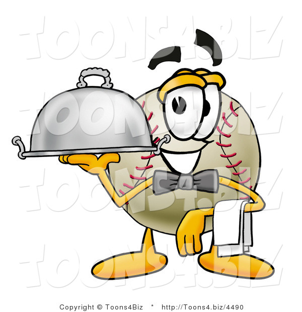 Vector Illustration of a Baseball Mascot Dressed As a Waiter and Holding a Serving Platter