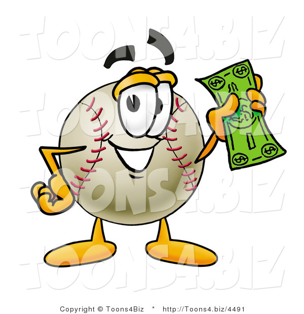 Vector Illustration of a Baseball Mascot Holding a Dollar Bill