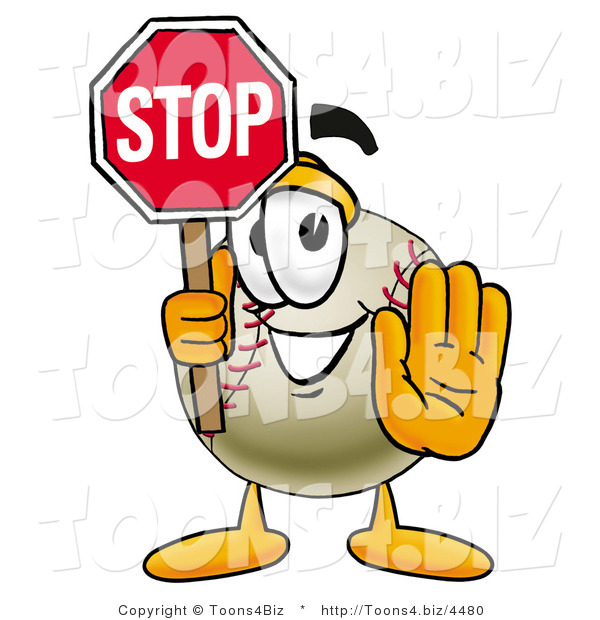 Vector Illustration of a Baseball Mascot Holding a Stop Sign