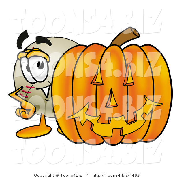 Vector Illustration of a Baseball Mascot with a Carved Halloween Pumpkin