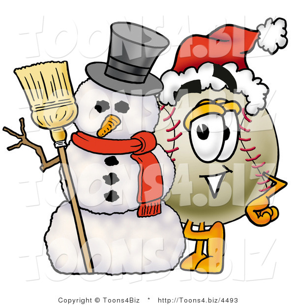 Vector Illustration of a Baseball Mascot with a Snowman on Christmas