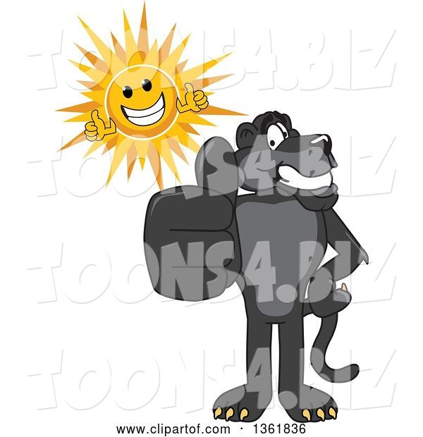 Vector Illustration of a Black Panther School Mascot and Sun Holding Thumbs Up, Symbolizing Excellence