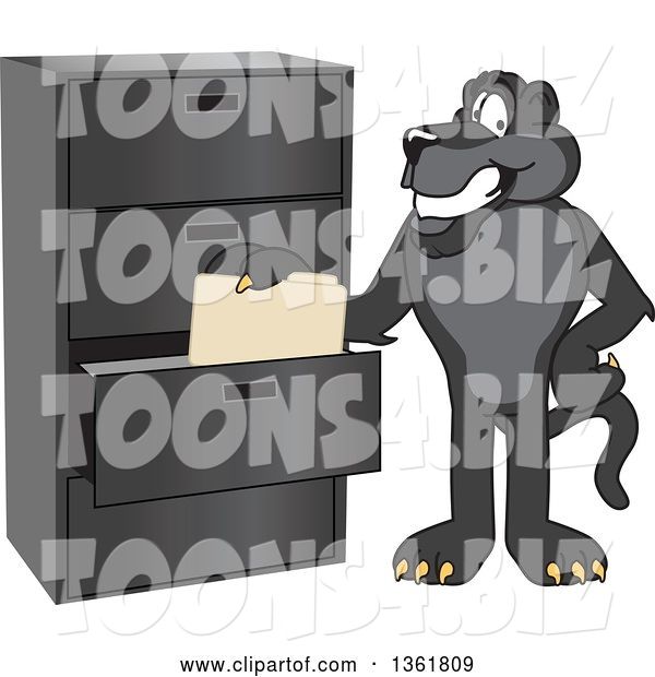 Vector Illustration of a Black Panther School Mascot Filing Folders, Symbolizing Organization