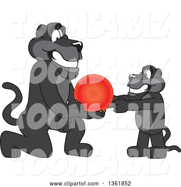 Vector Illustration of a Black Panther School Mascot Giving a Cub a Ball, Symbolizing Compassion