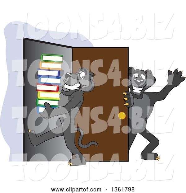 Vector Illustration of a Black Panther School Mascot Holding a Door Open for a Friend Carrying a Stack of Books, Symbolizing Compassion