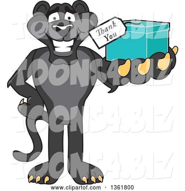 Vector Illustration of a Black Panther School Mascot Holding out a Thank You Gift, Symbolizing Gratitude