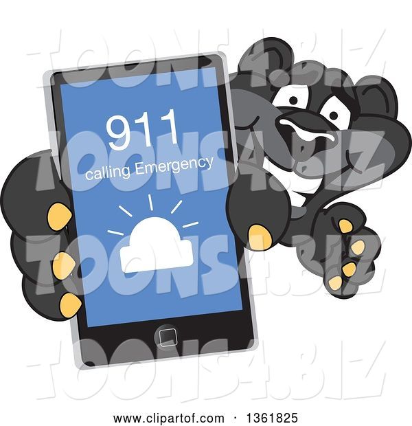 Vector Illustration of a Black Panther School Mascot Holding up a Smart Phone and Calling an Emergency Number, Symbolizing Safety