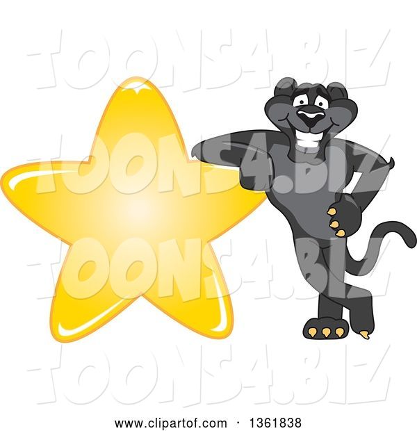 Vector Illustration of a Black Panther School Mascot Leaning on a Star, Symbolizing Excellence