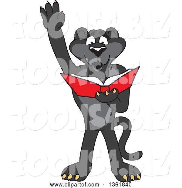 Vector Illustration of a Black Panther School Mascot Raising a Hand and Reading a Book, Symbolizing Determination