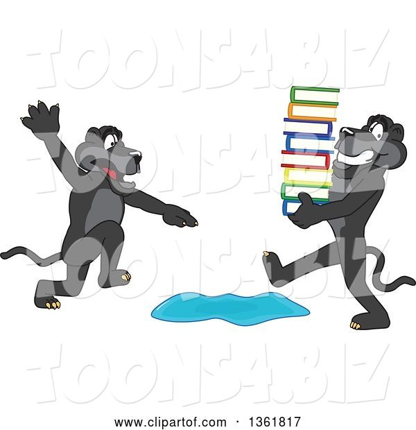 Vector Illustration of a Black Panther School Mascot Warning Another That Is Carrying Books About a Puddle, Symbolizing Being Proactive