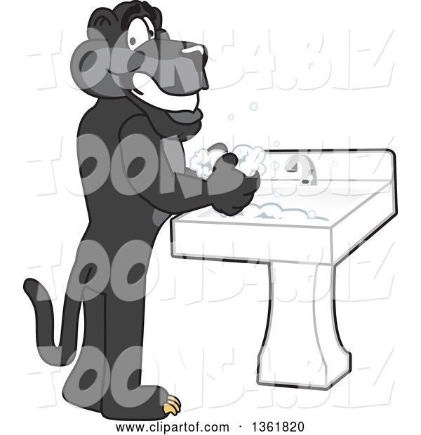 Vector Illustration of a Black Panther School Mascot Washing His Hands, Symbolizing Responsibility