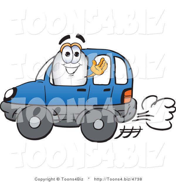 Vector Illustration of a Blimp Mascot Driving a Blue Car and Waving
